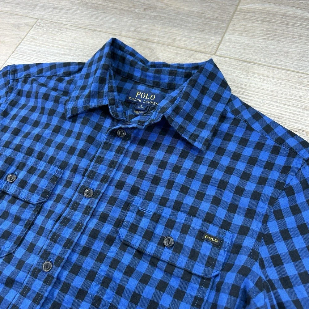 Polo‎ Ralph Lauren Youth Large 14-16 Blue Checkered Button Down Camp Pockets